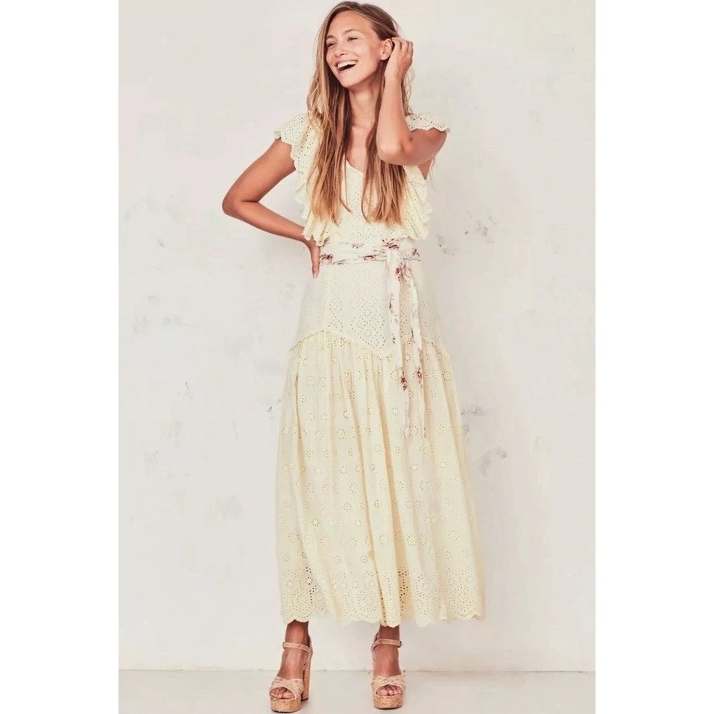 NWT LoveShackFancy Cressida Eyelet Maxi Dress in Pisco Yellow Buttercream MEDIUM - Picture 5 of 16